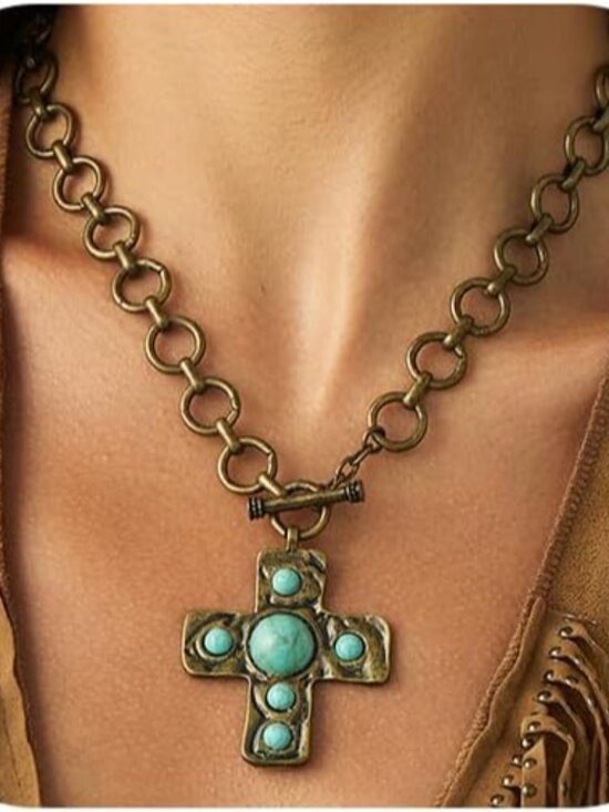 Jewelry - Boho Chunky Gold Turquoise Cross Pendant Necklace for Women Vintage Crucifix Cou
